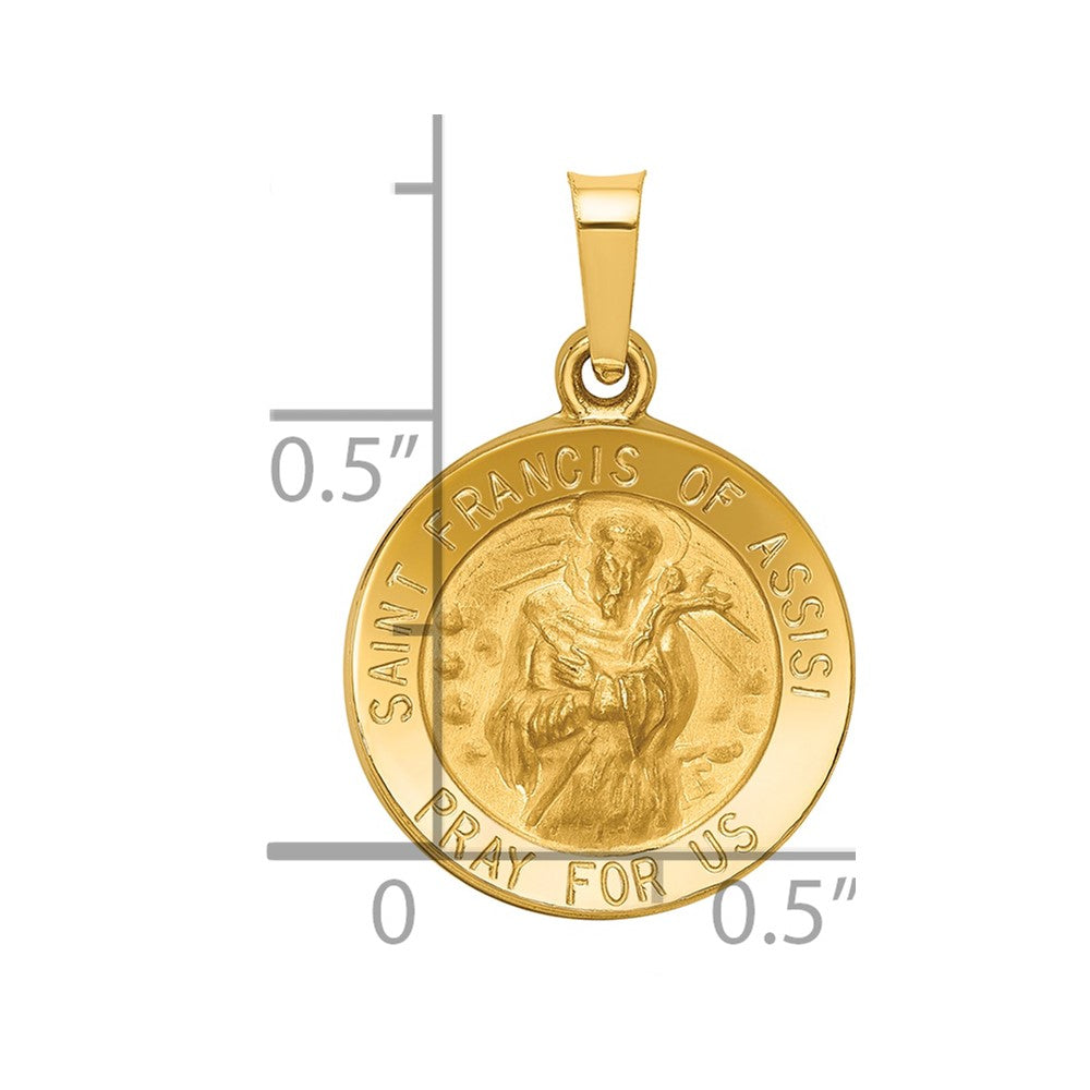 14k Polished and Satin Hollow St Francis of Assisi Medal Round Pendant