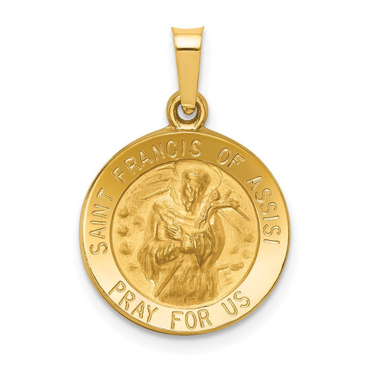 14k Polished and Satin Hollow St Francis of Assisi Medal Round Pendant