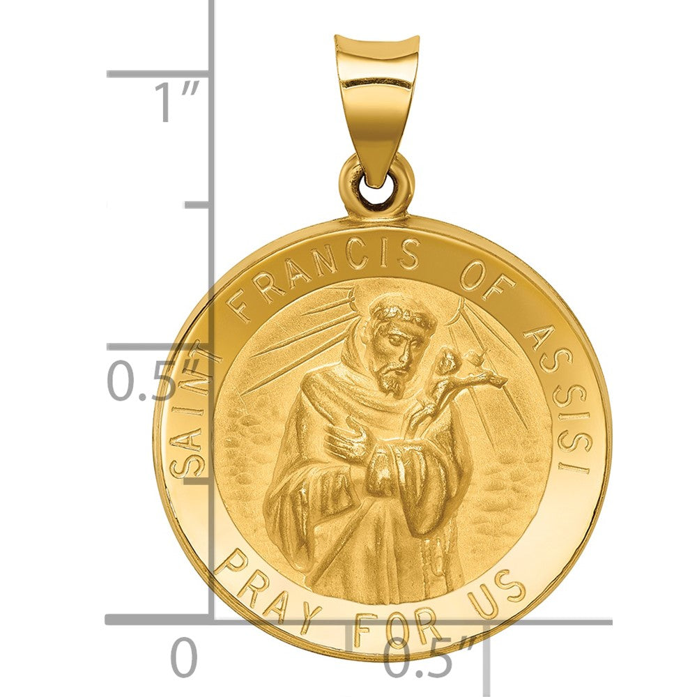 14k Polished and Satin Hollow St Francis of Assisi Medal Round Pendant
