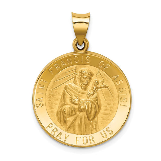 14k Polished and Satin Hollow St Francis of Assisi Medal Round Pendant