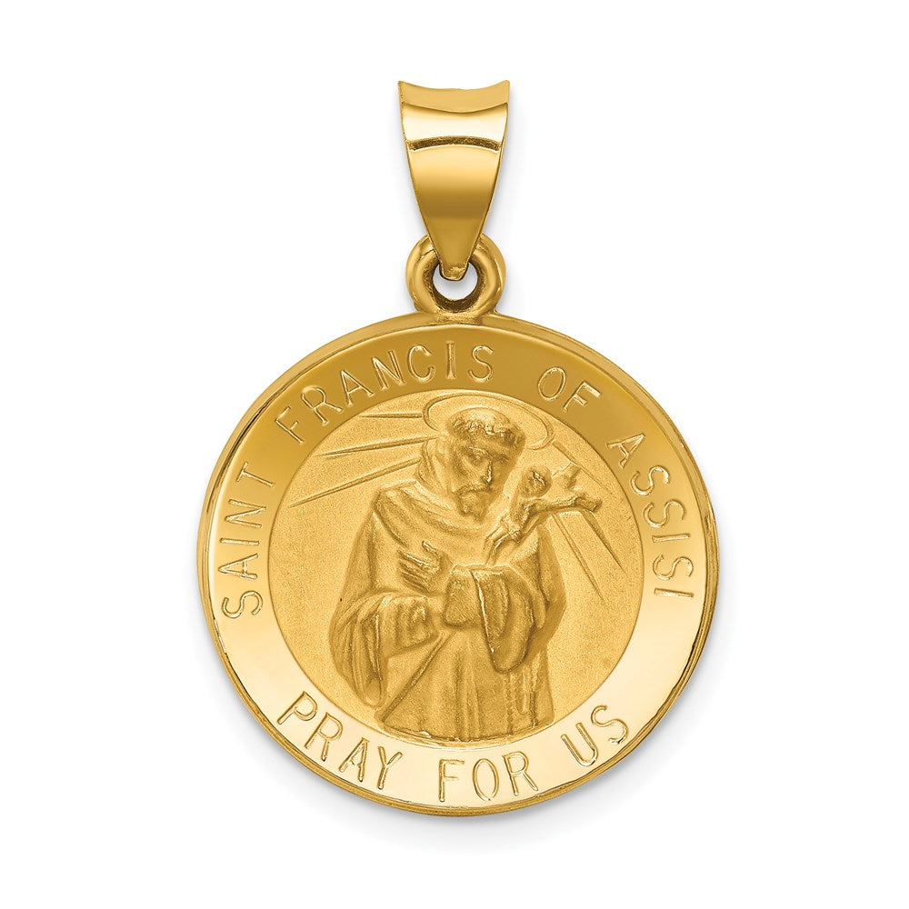 14k Polished and Satin Hollow St Francis of Assisi Medal Round Pendant