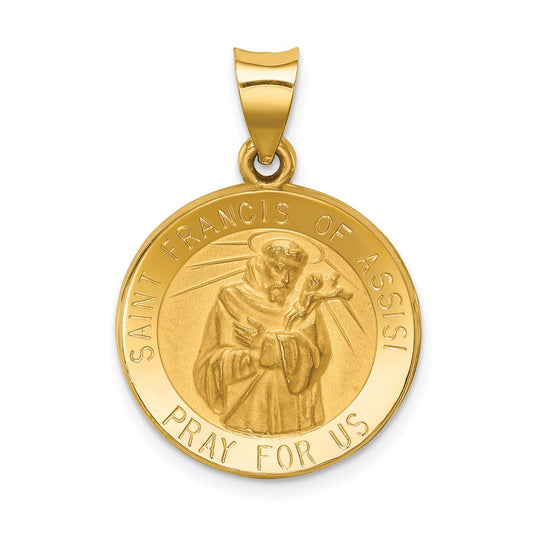 14k Polished and Satin Hollow St Francis of Assisi Medal Round Pendant