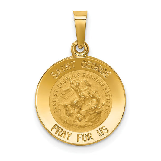 14k Polished and Satin Hollow Saint George Medal Round Pendant