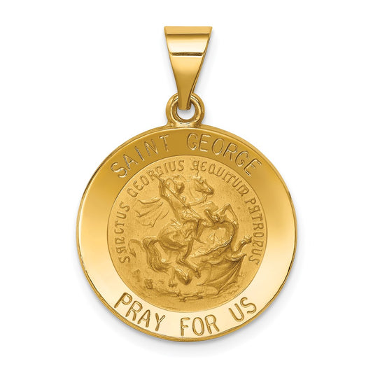 14k Polished and Satin Hollow Saint George Medal Round Pendant