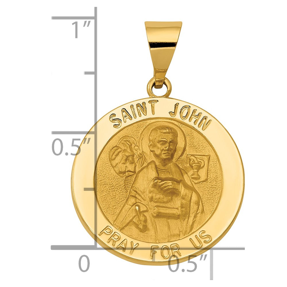 14k Polished and Satin Hollow Saint John Medal Round Pendant