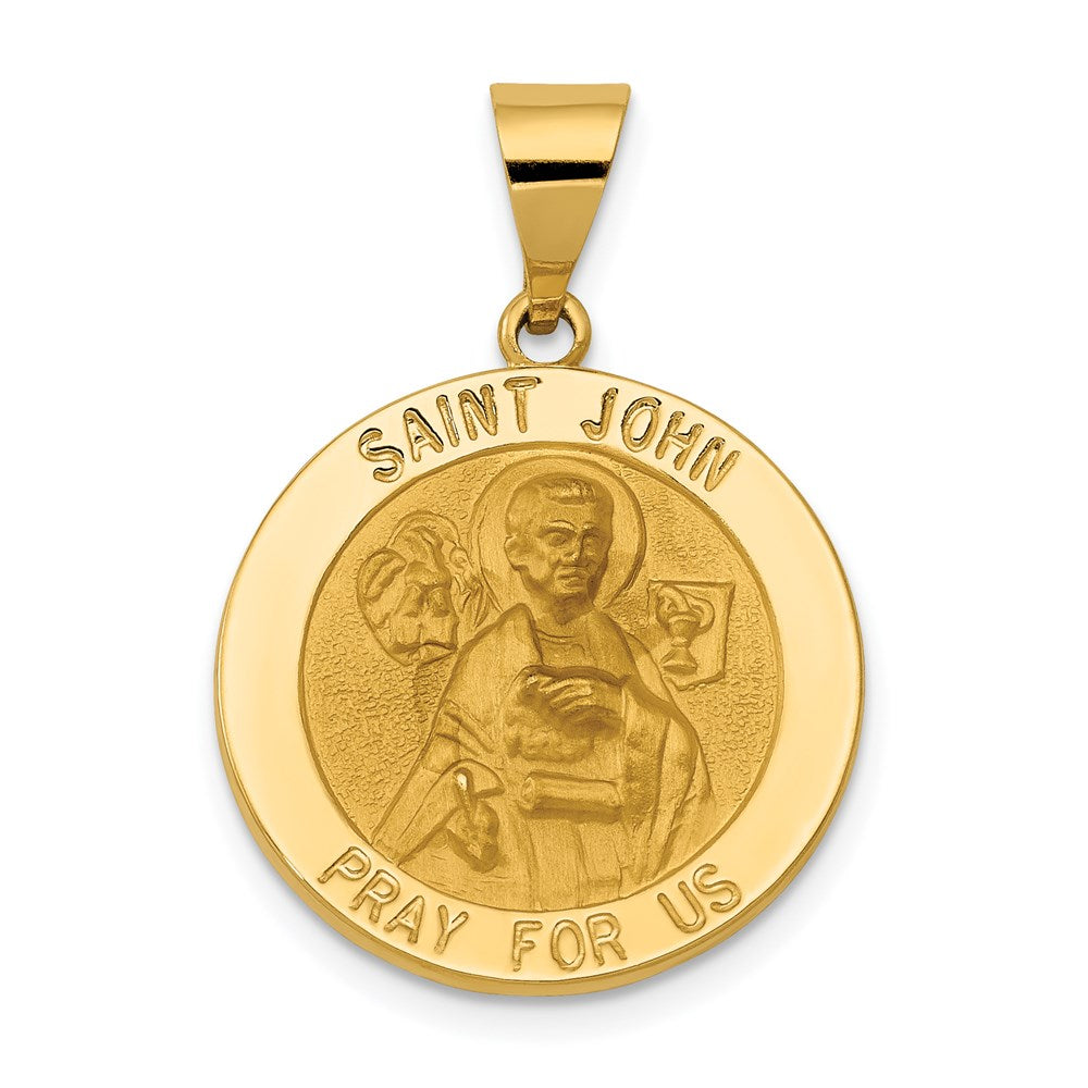 14k Polished and Satin Hollow Saint John Medal Round Pendant