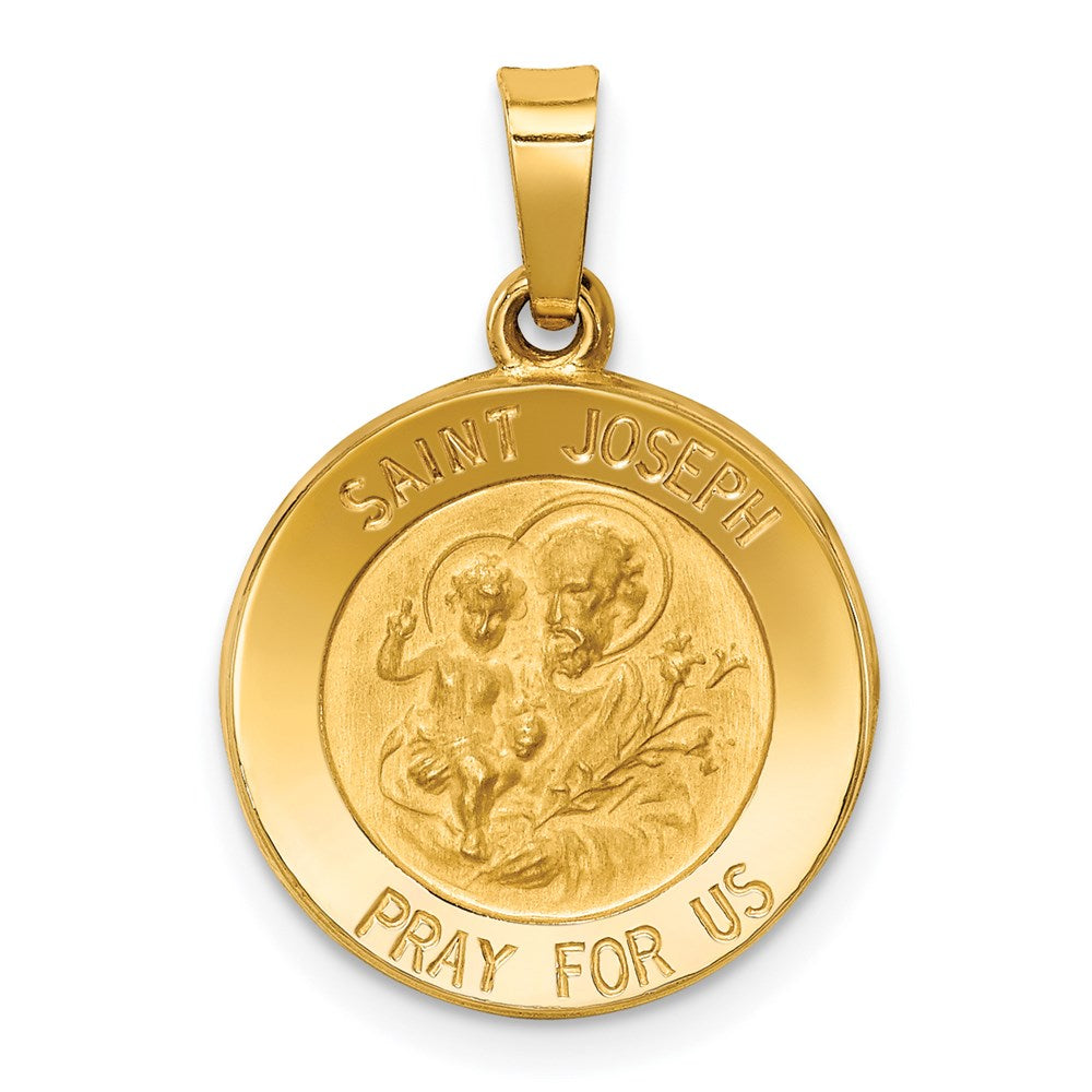 14k Polished and Satin Hollow St Joseph Medal Round Pendant
