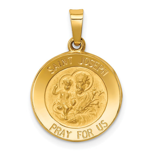 14k Polished and Satin Hollow St Joseph Medal Round Pendant