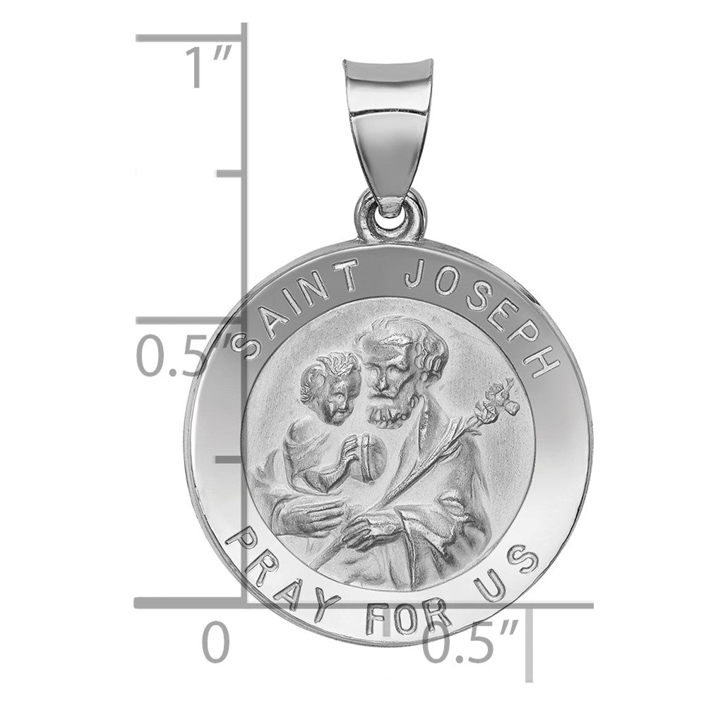 14k White Gold Polished and Satin Hollow St Joseph Medal Round Pendant