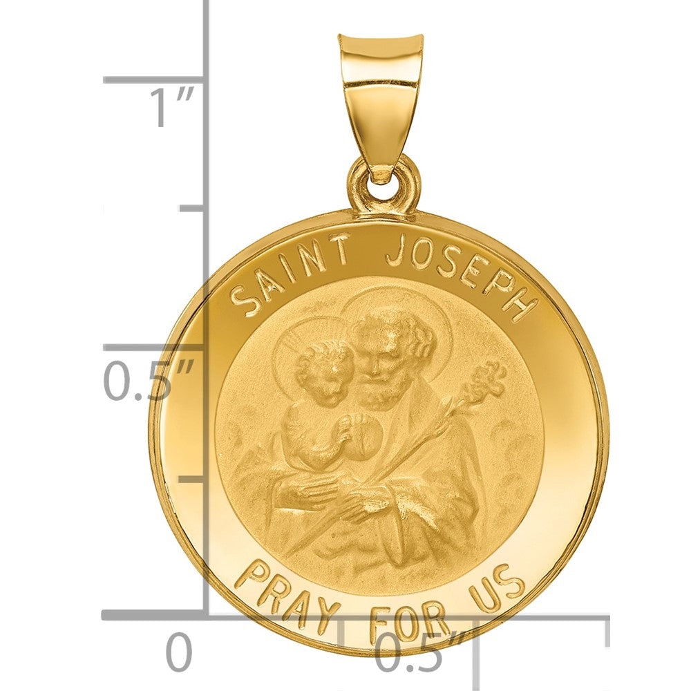 14k Polished and Satin Hollow St Joseph Medal Round Pendant