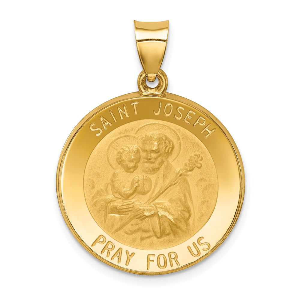 14k Polished and Satin Hollow St Joseph Medal Round Pendant