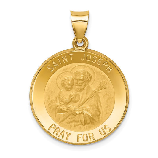 14k Polished and Satin Hollow St Joseph Medal Round Pendant