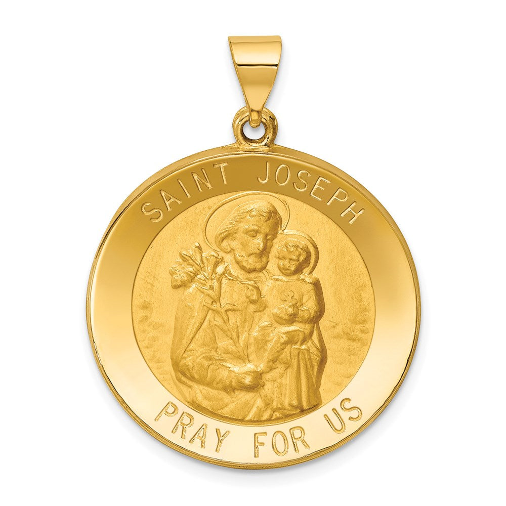 14k Polished and Satin Hollow Large St Joseph Medal Round Pendant