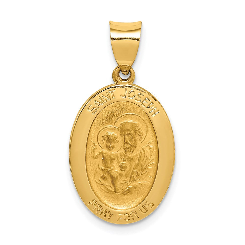 14k Polished and Satin Hollow St Joseph Medal Oval Pendant