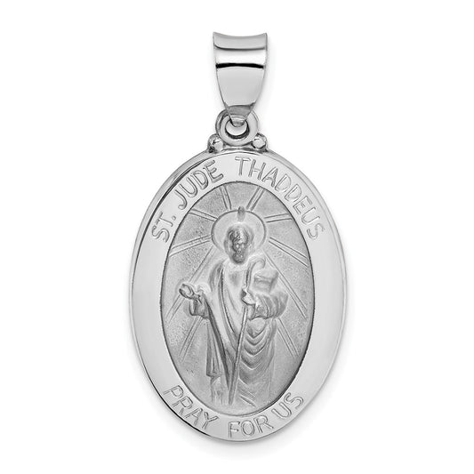 14K White Gold Polished and Satin Hollow St Jude Thaddeus Medal Oval Pendant