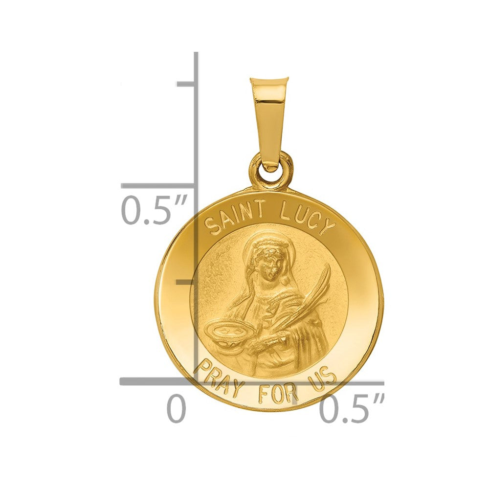 14k Polished and Satin Hollow St Lucy Medal Round Pendant