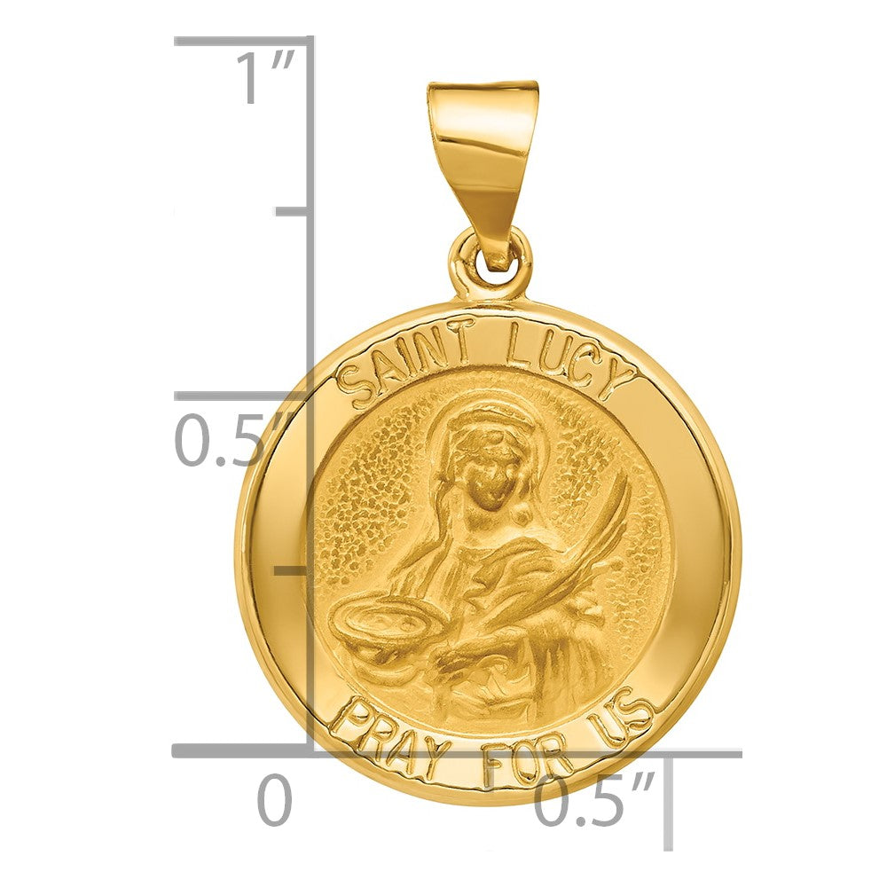 14k Polished and Satin Hollow St Lucy Medal Round Pendant