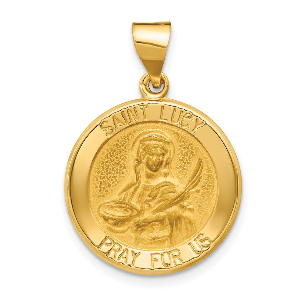14k Polished and Satin Hollow St Lucy Medal Round Pendant