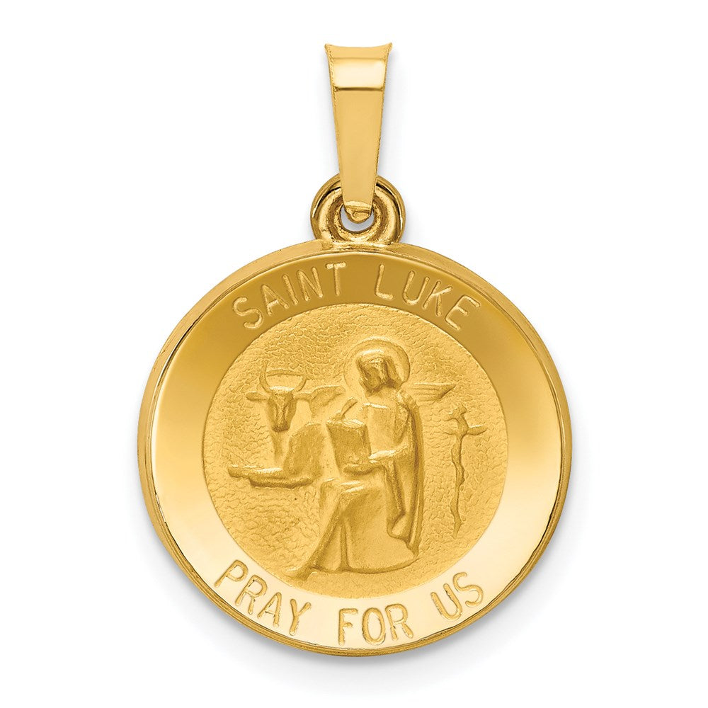 14k Polished and Satin Hollow St Luke Medal Round Charm