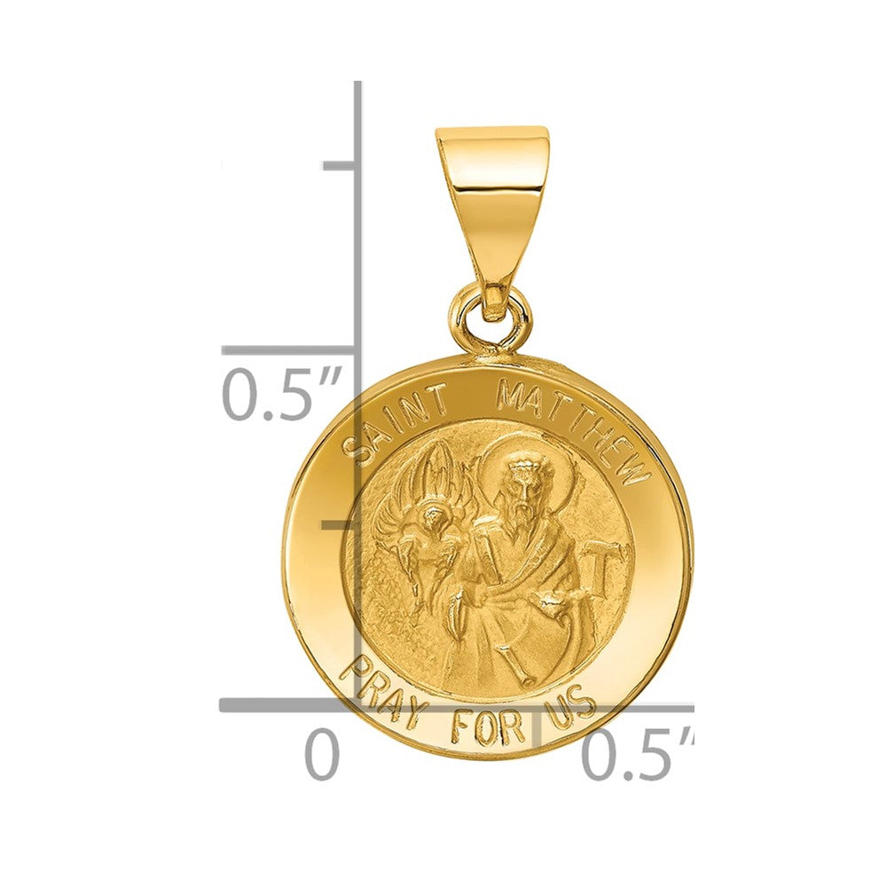 14k Polished and Satin Hollow St Matthew Medal Round Pendant