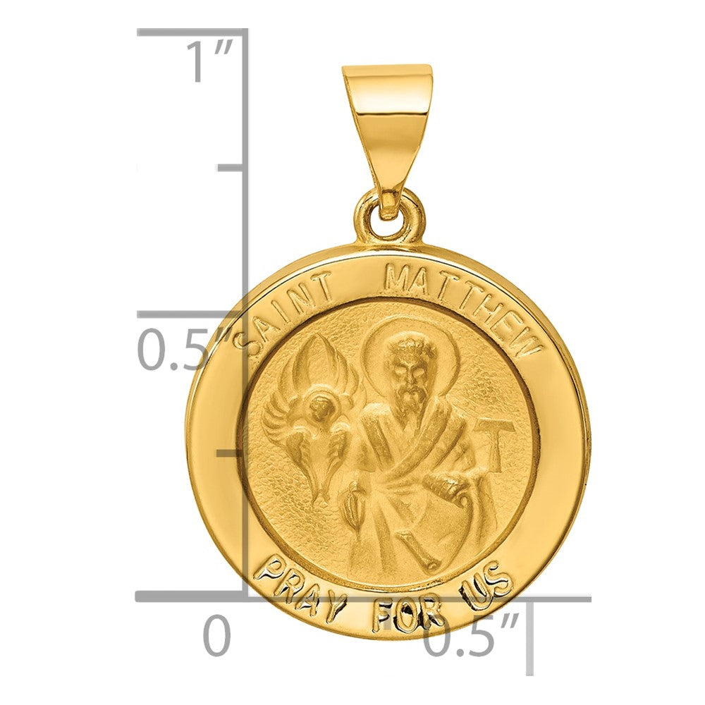 14k Polished and Satin Hollow St Matthew Medal Round Pendant