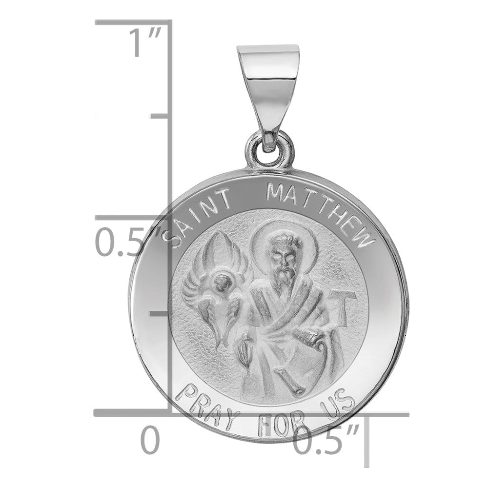 14k White Gold Polished and Satin Hollow St Matthew Medal Round Pendant