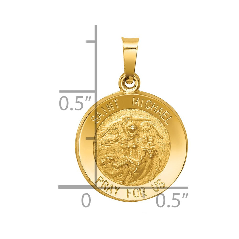 14k Polished and Satin Hollow St. Michael Medal Round Pendant
