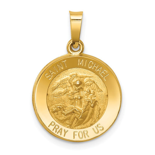 14k Polished and Satin Hollow St. Michael Medal Round Pendant