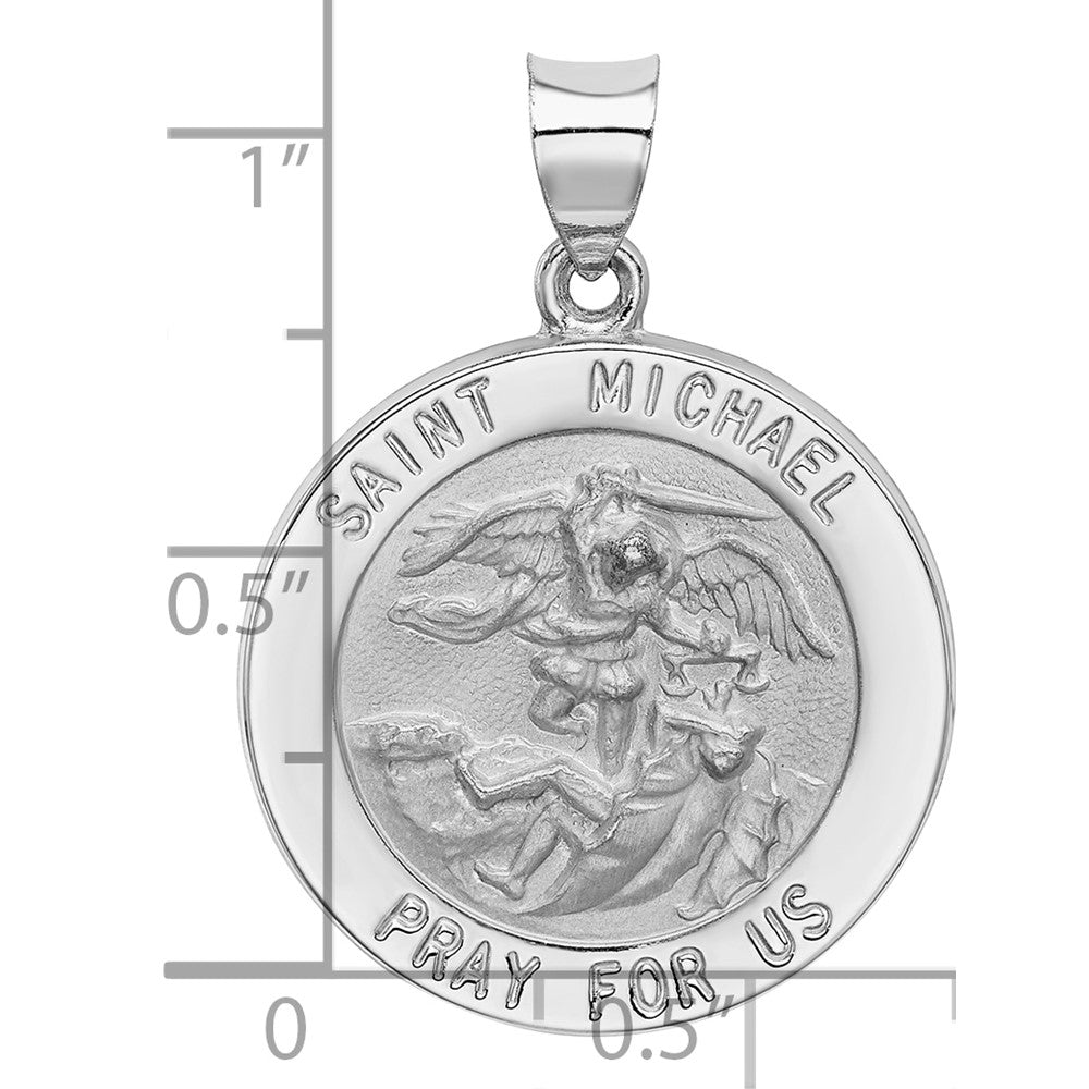 14k White Gold Polished and Satin Hollow St. Michael Medal Round Pendant