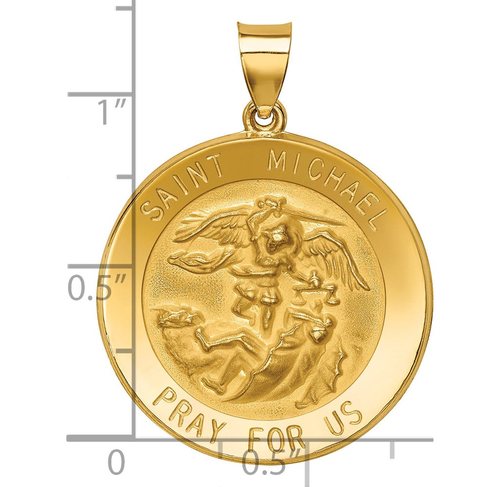 14k Polished and Satin Hollow Large St. Michael Medal Round Pendant