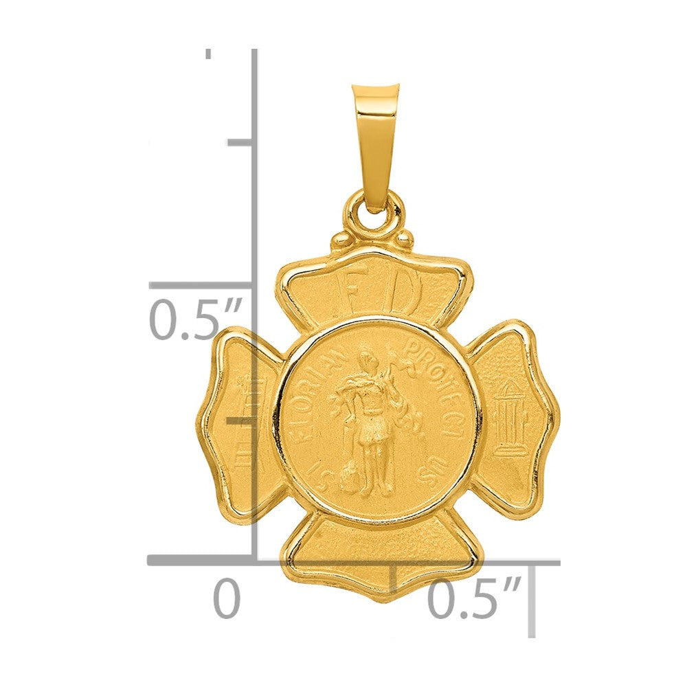14k Polished and Satin Hollow St Florian F.D. Badge Medal Pendant