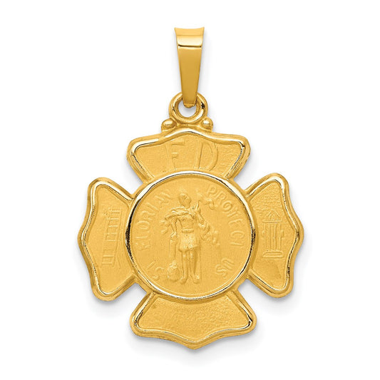 14k Polished and Satin Hollow St Florian F.D. Badge Medal Pendant