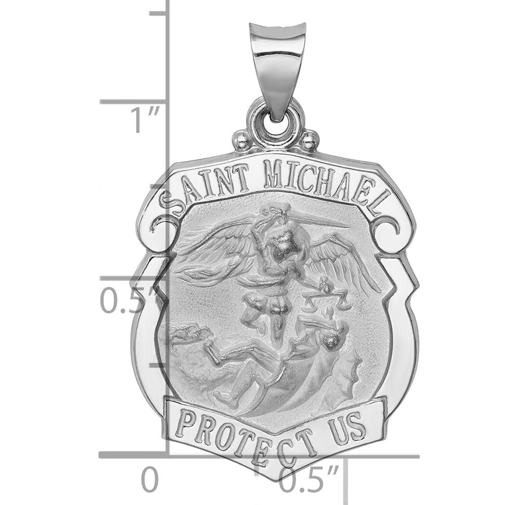 14K White Gold Polished and Satin Hollow Large St. Michael Medal Badge Pendant