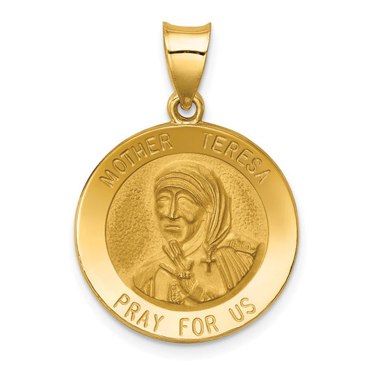 14k Polished and Satin Hollow Mother Teresa Medal Round Pendant