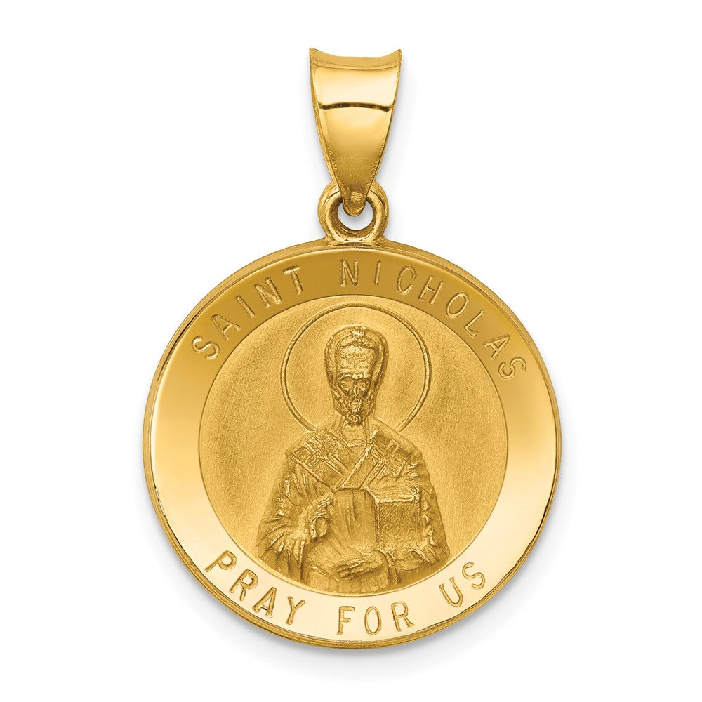 14k Polished and Satin Hollow St Nicholas Medal Round Pendant