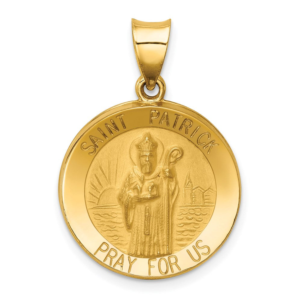 14k Polished and Satin Hollow St Patrick Medal Round Pendant