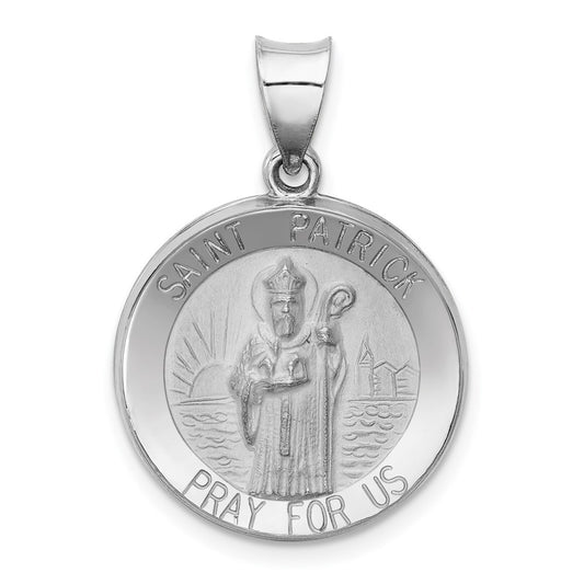 14k White Gold Polished and Satin Hollow St Patrick Medal Round Pendant