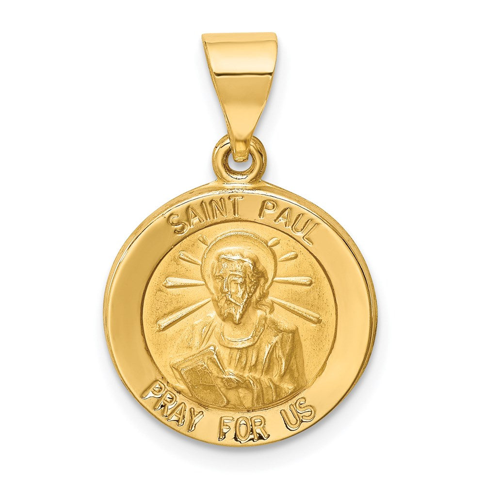 14k Polished and Satin Hollow St Paul Medal Round Pendant