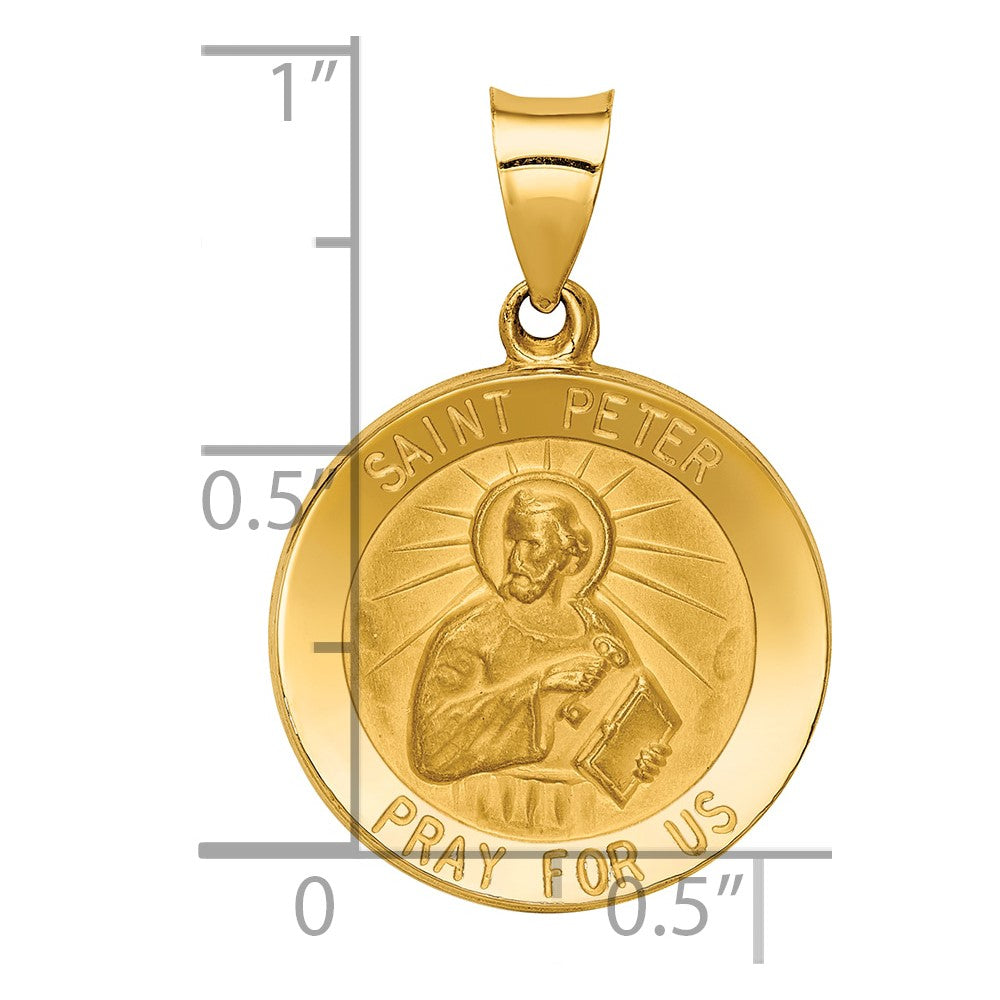 14k Polished and Satin Hollow Saint Peter Medal Round Pendant