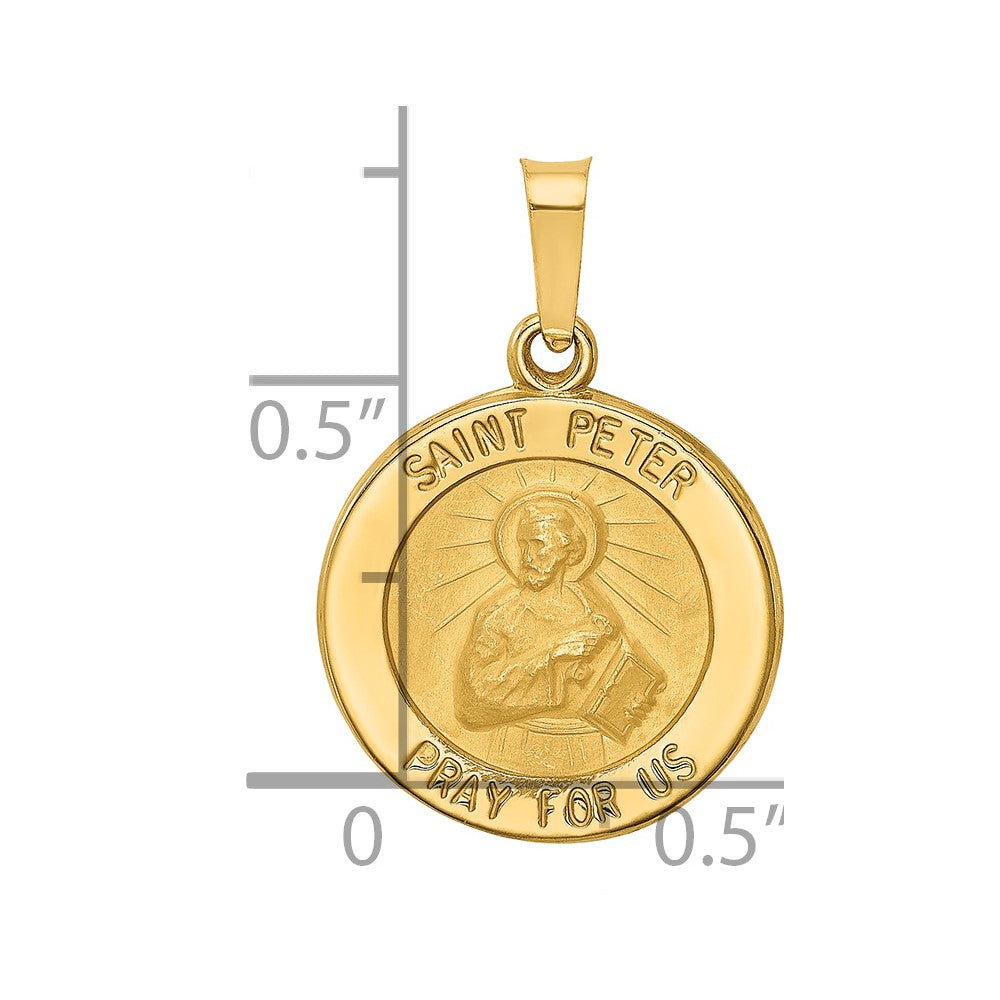 14k Polished and Satin Hollow Saint Peter Medal Round Pendant