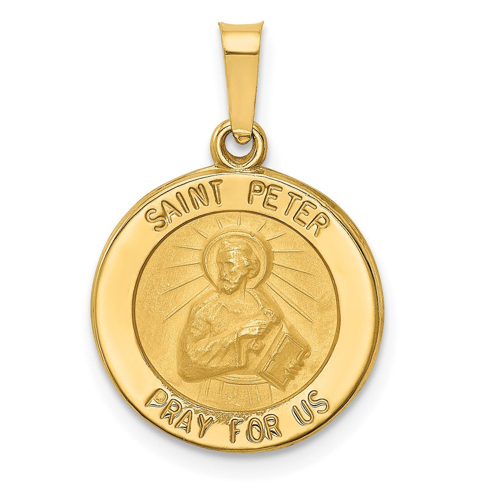 14k Polished and Satin Hollow Saint Peter Medal Round Pendant
