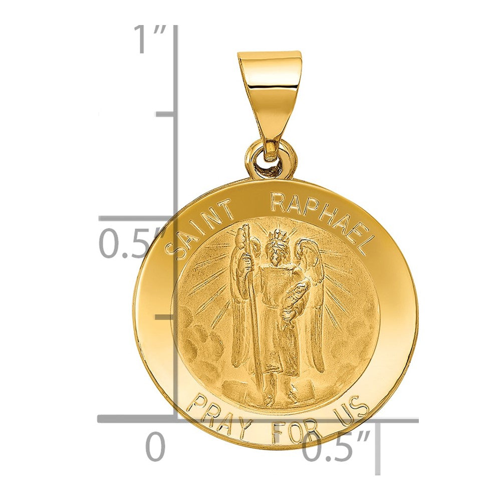 14k Polished and Satin Hollow St Raphael Medal Round Pendant