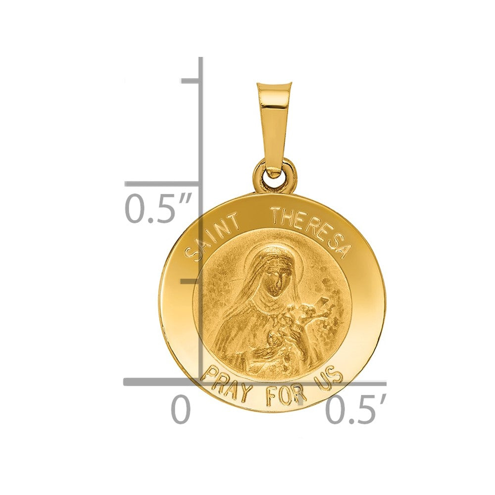 14k Polished and Satin Hollow St Theresa Medal Round Pendant