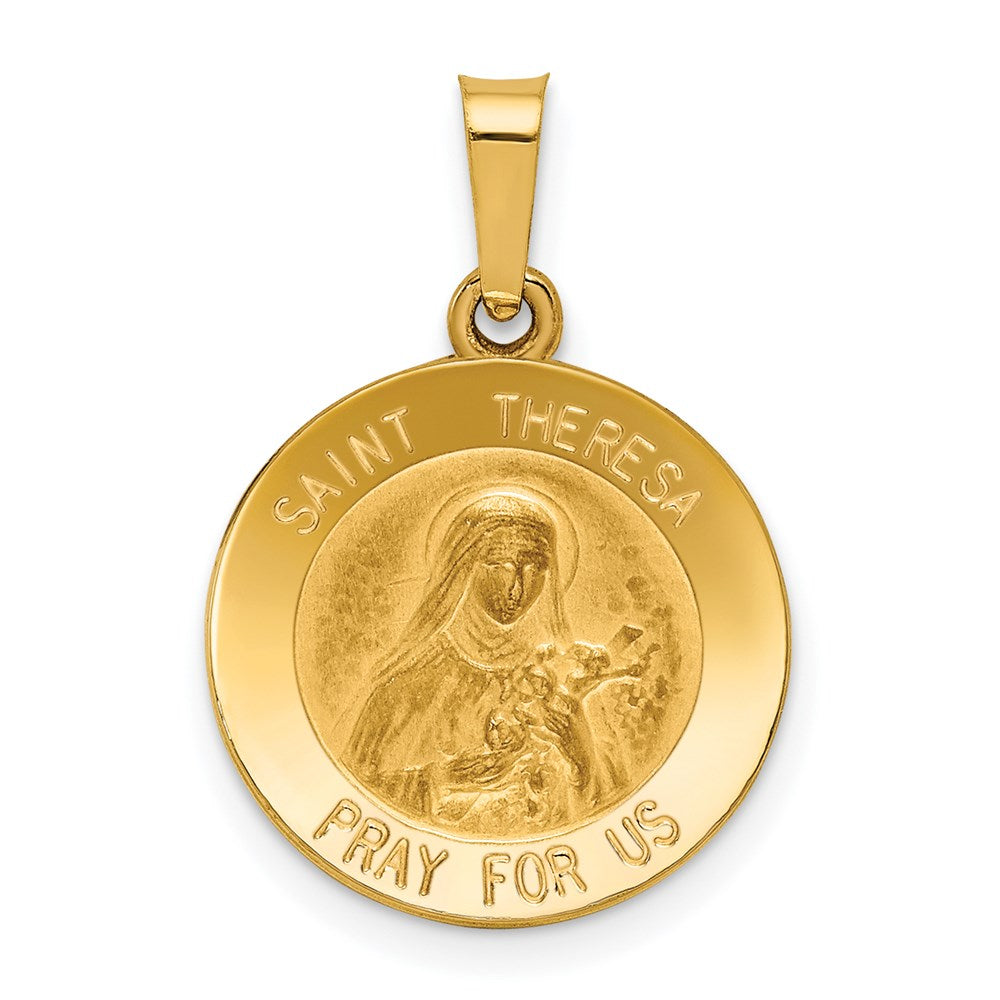 14k Polished and Satin Hollow St Theresa Medal Round Pendant