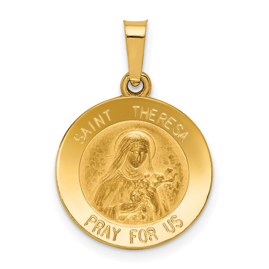 14k Polished and Satin Hollow St Theresa Medal Round Pendant