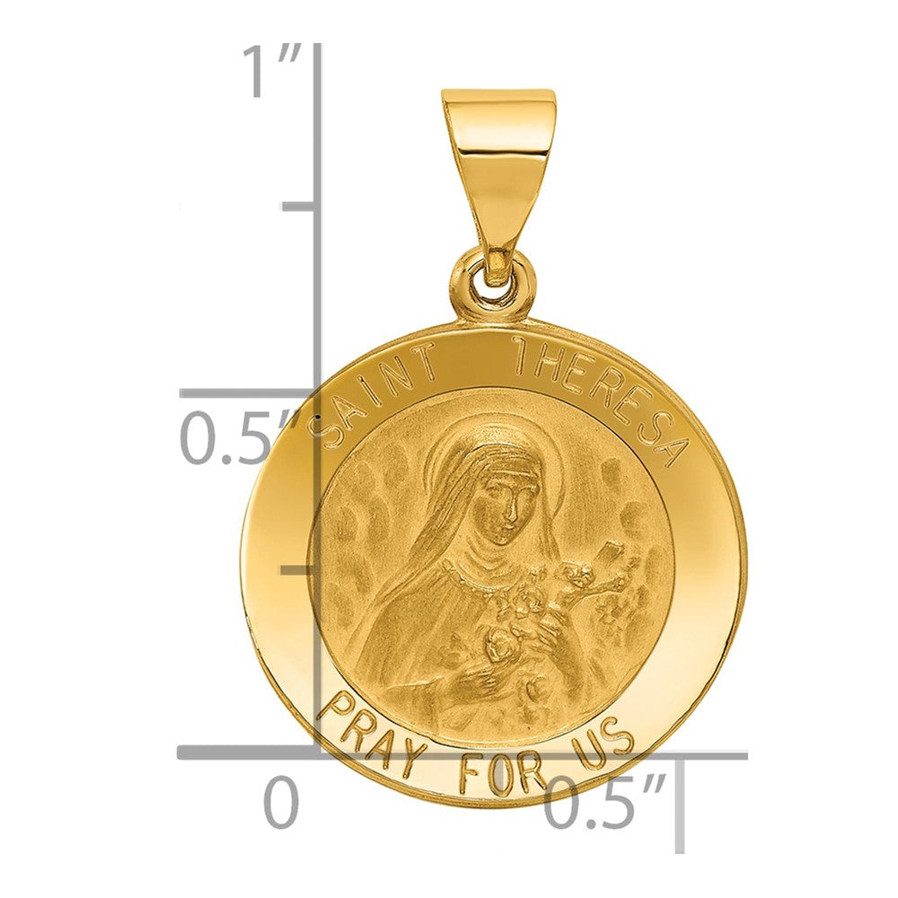 14k Polished and Satin Hollow St Theresa Medal Round Pendant