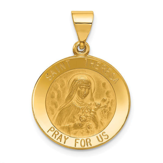 14k Polished and Satin Hollow St Theresa Medal Round Pendant