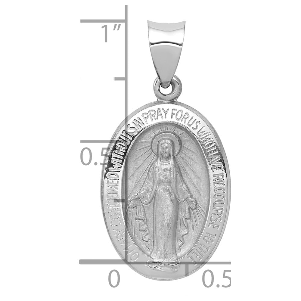 14k White Gold Polished and Satin Hollow Miraculous Medal Oval Pendant
