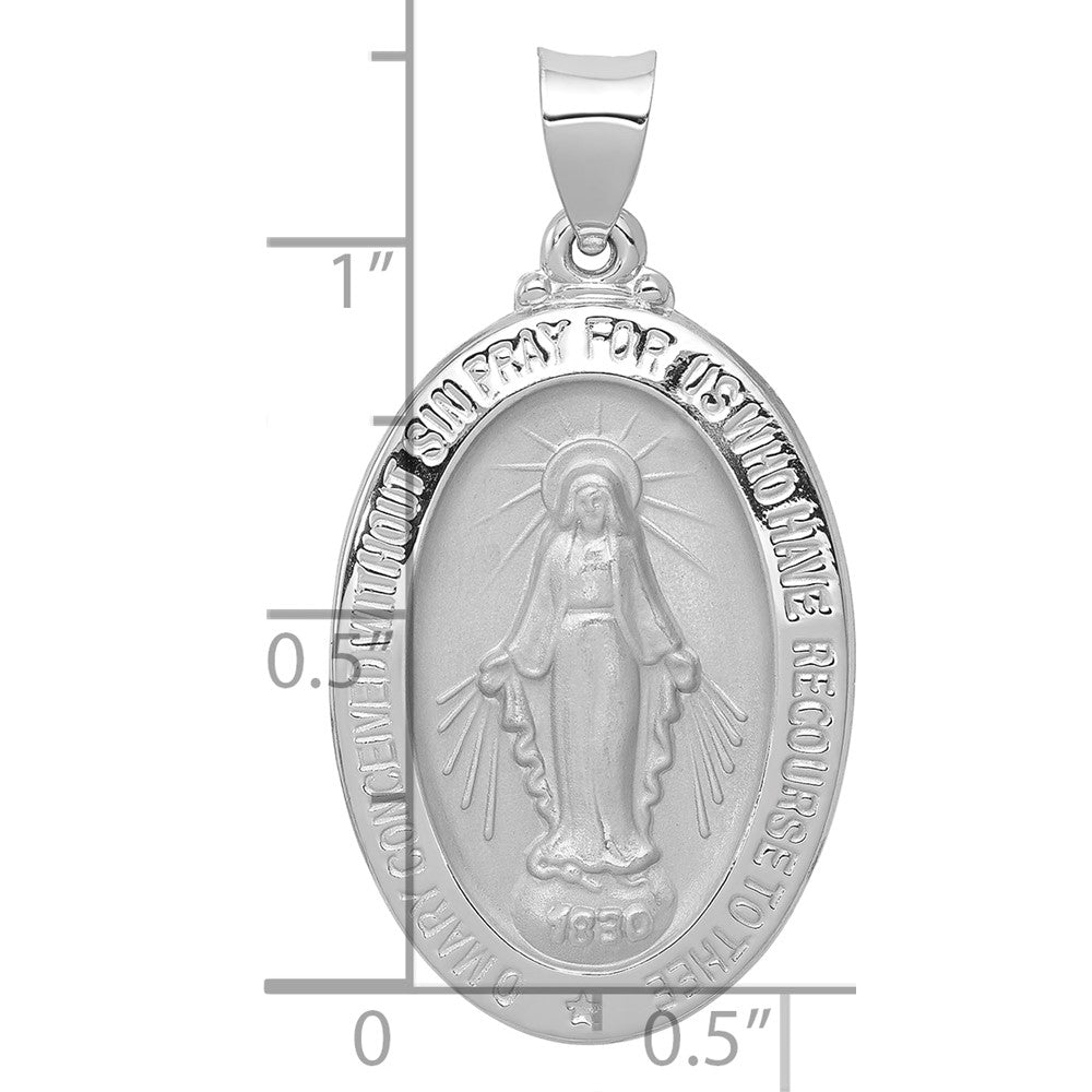14k White Gold Polished and Satin Hollow Miraculous Medal Oval Pendant
