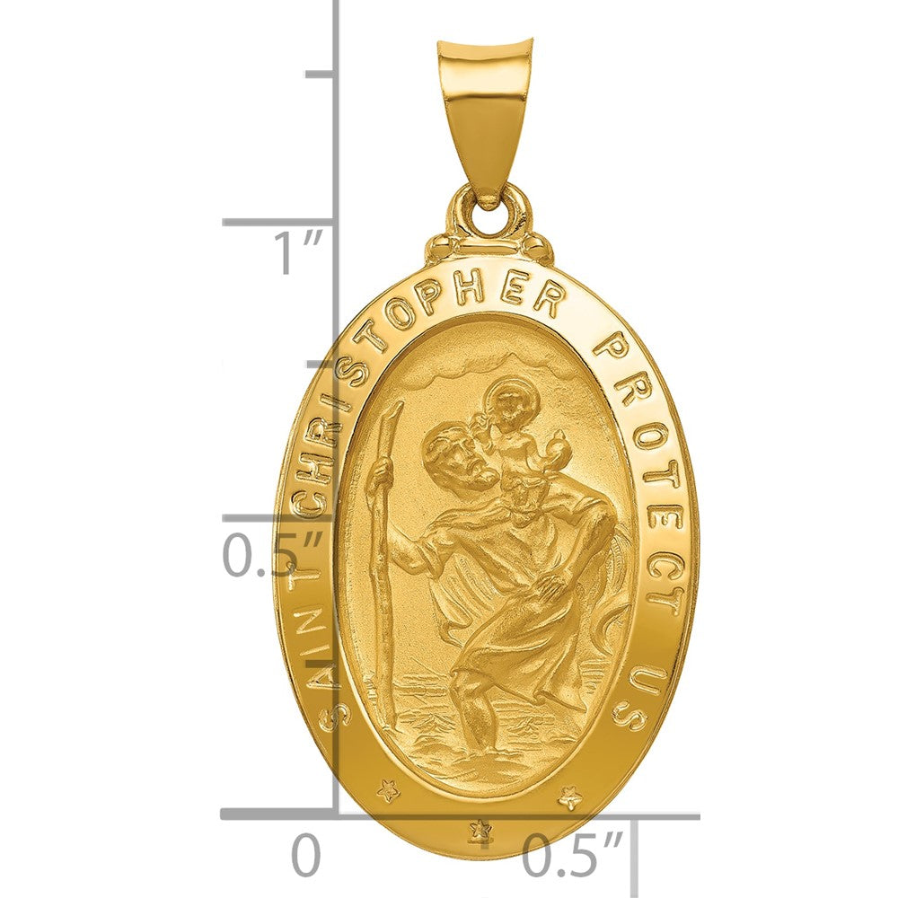 14k Polished and Satin Hollow St Christopher Medal Oval Pendant